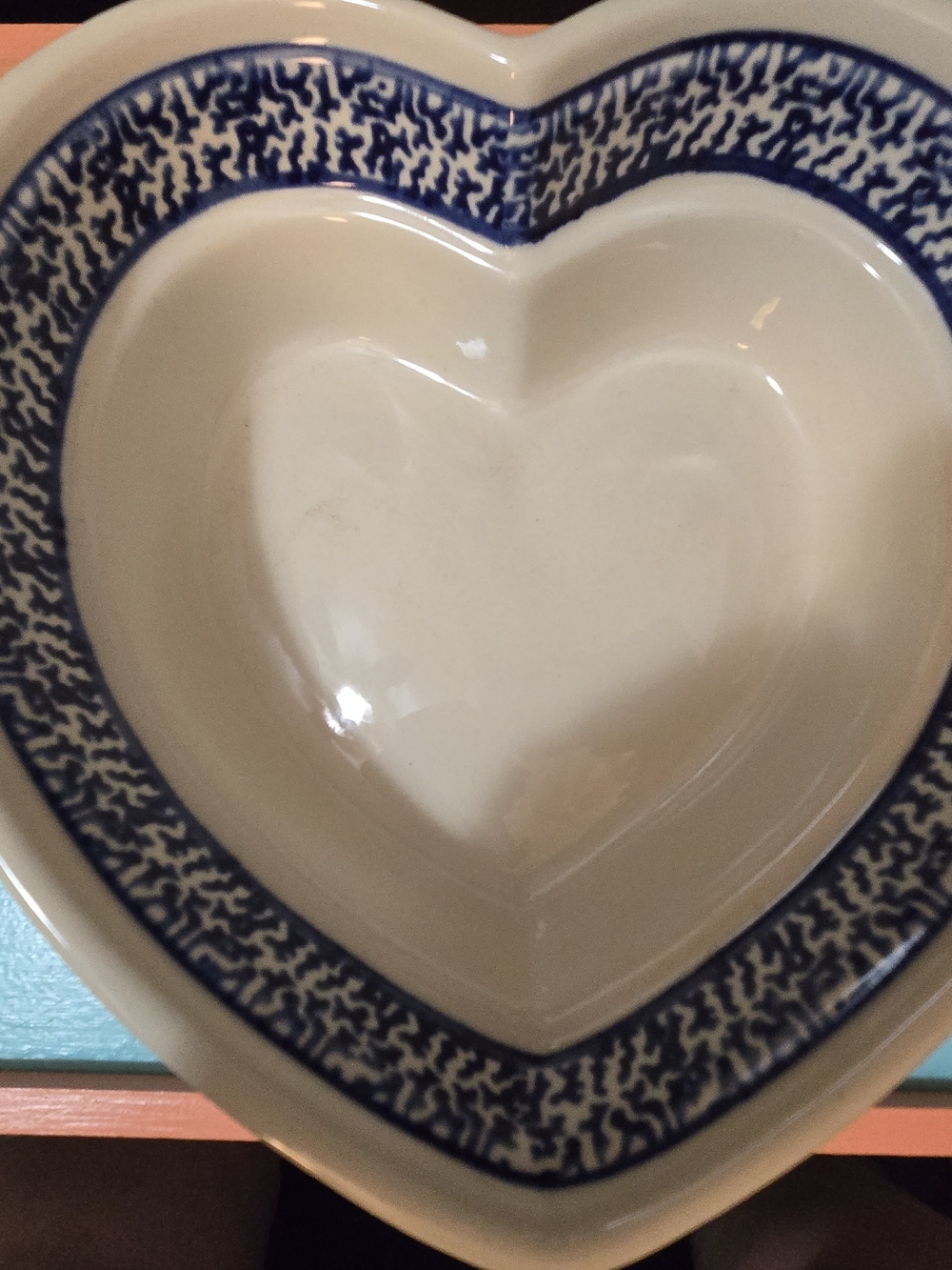 Bolwslawiec Heart Bowl in Cream with Blue Pattern Handmade In Poland